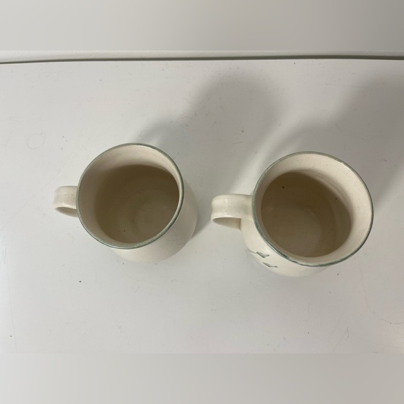 Set of 2 Matching Handmade Wheel Thrown Pottery Mugs Signed Cream Green - Picture 4 of 9